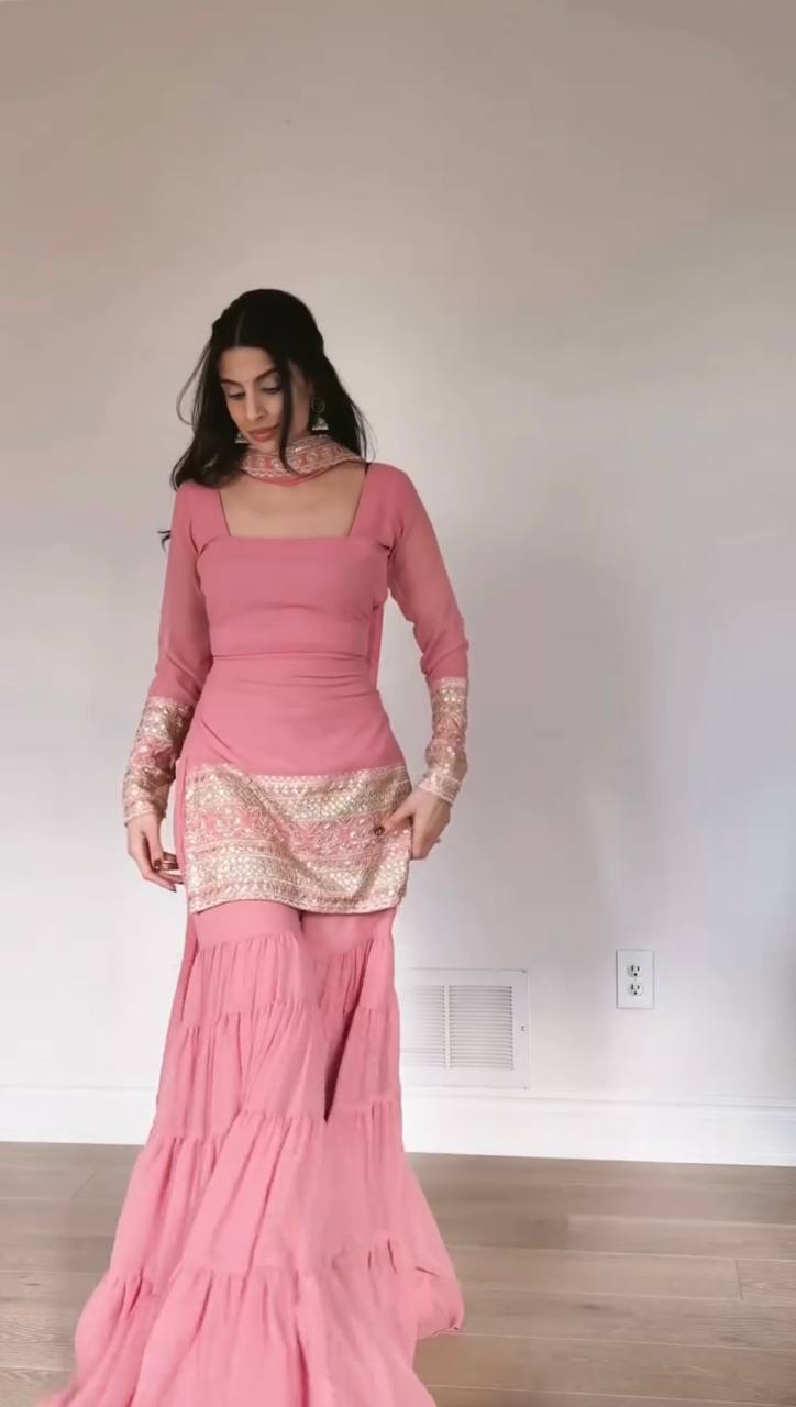 Blush Pink Faux Georgette Sharara Suit Set for Women