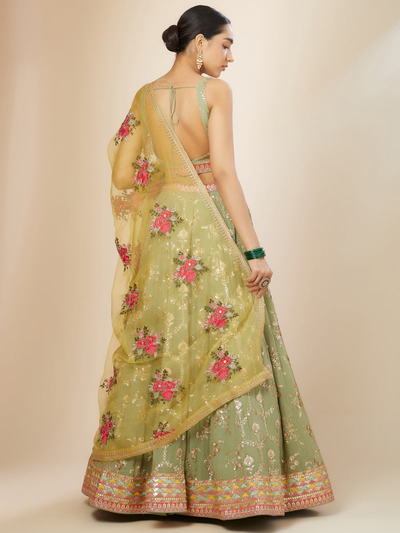 PISTA Green Floral Embroidered Lehenga Choli with Yellow Dupatta