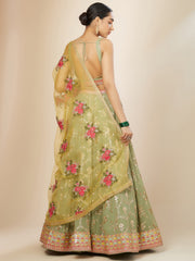 PISTA Green Floral Embroidered Lehenga Choli with Yellow Dupatta