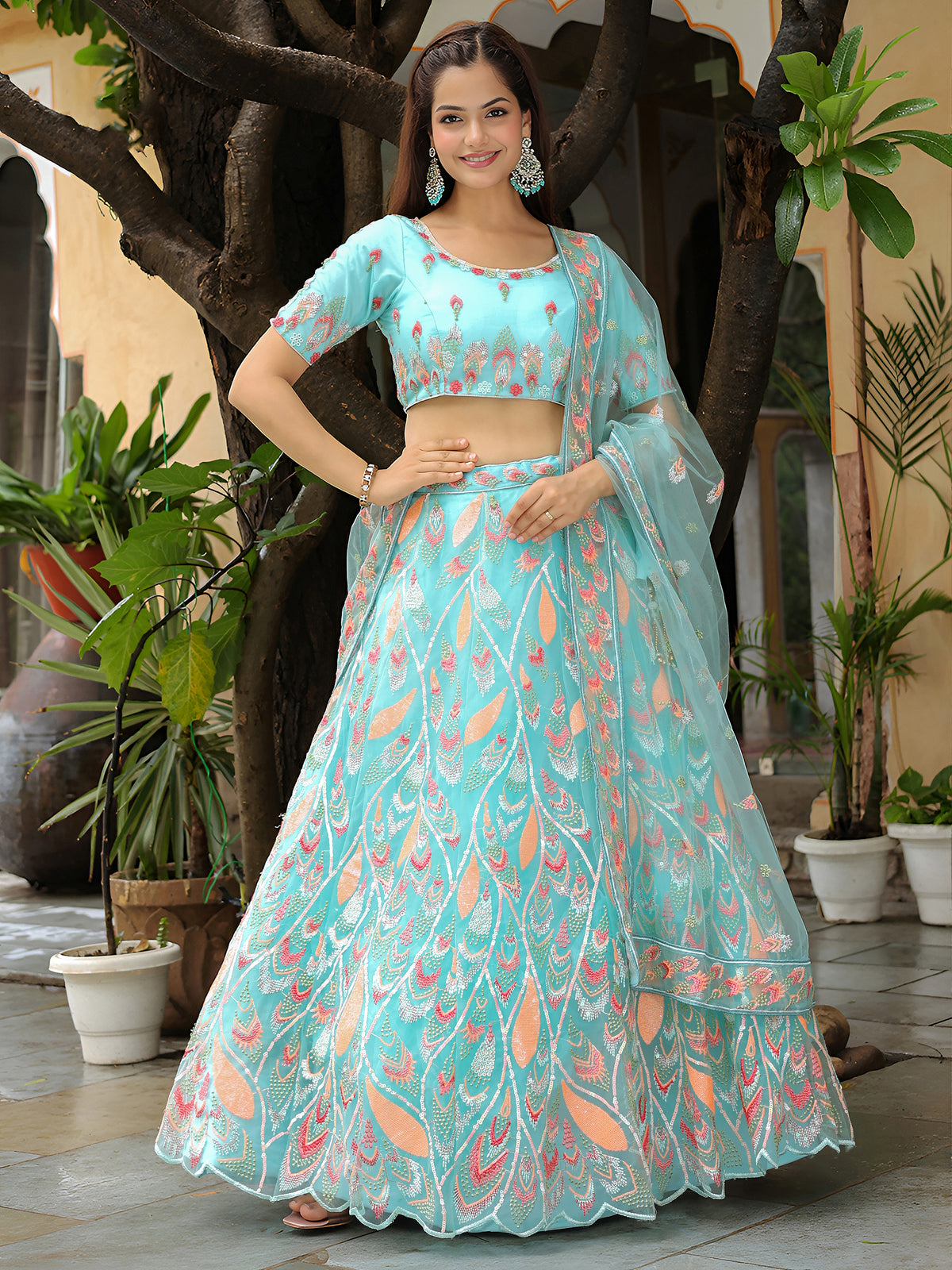 Sky Blue Embroidered Lehenga Choli with Peach Work and Matching Net Dupatta