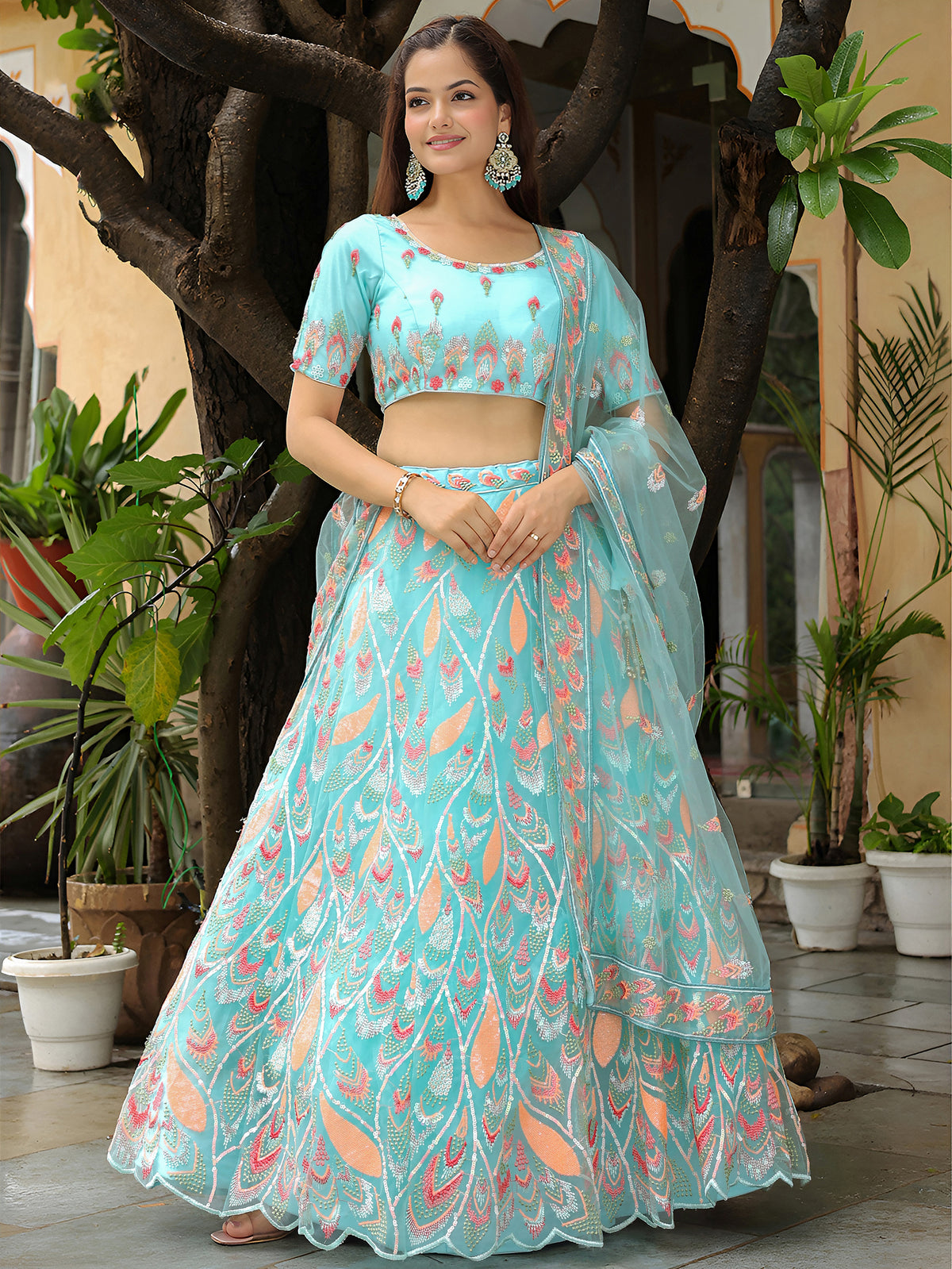 Sky Blue Embroidered Lehenga Choli with Peach Work and Matching Net Dupatta