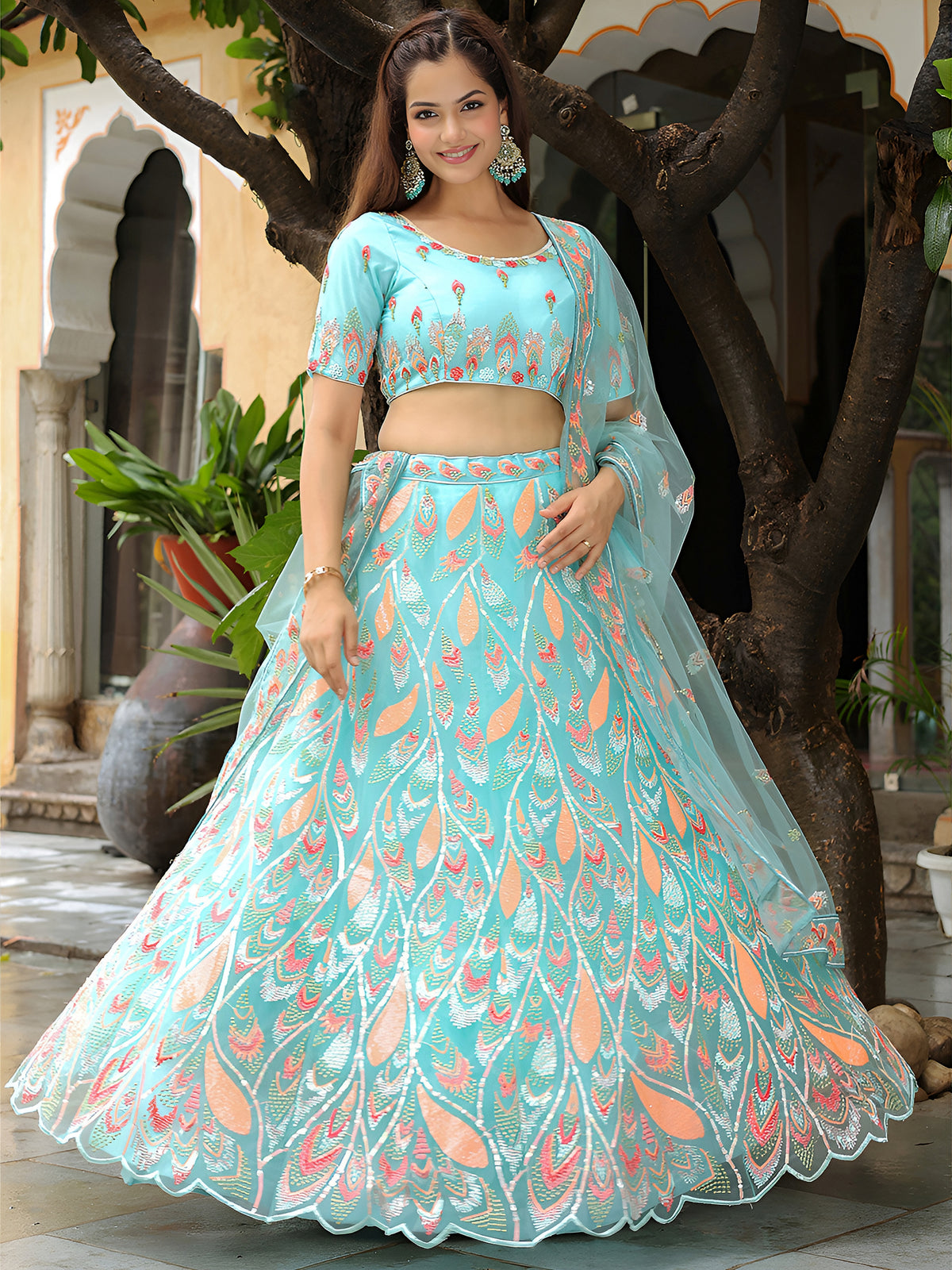Sky Blue Embroidered Lehenga Choli with Peach Work and Matching Net Dupatta