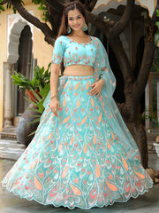 Sky Blue Embroidered Lehenga Choli with Peach Work and Matching Net Dupatta