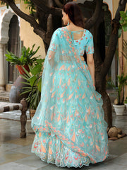 Sky Blue Embroidered Lehenga Choli with Peach Work and Matching Net Dupatta