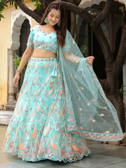 Sky Blue Embroidered Lehenga Choli with Peach Work and Matching Net Dupatta