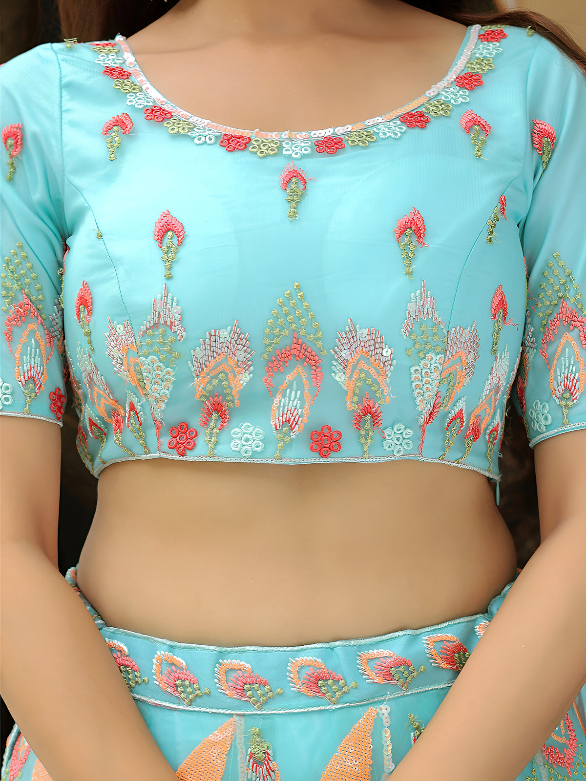 Sky Blue Embroidered Lehenga Choli with Peach Work and Matching Net Dupatta