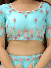 Sky Blue Embroidered Lehenga Choli with Peach Work and Matching Net Dupatta