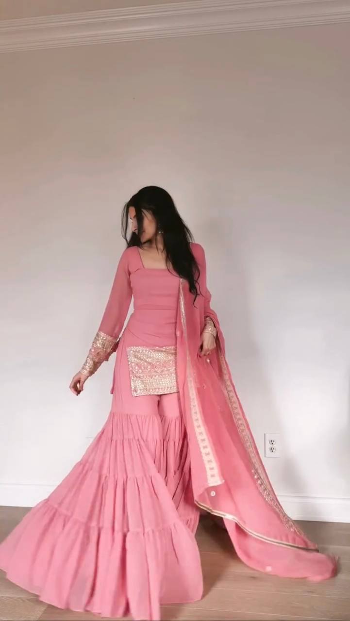 Blush Pink Faux Georgette Sharara Suit Set for Women