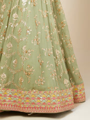 PISTA Green Floral Embroidered Lehenga Choli with Yellow Dupatta