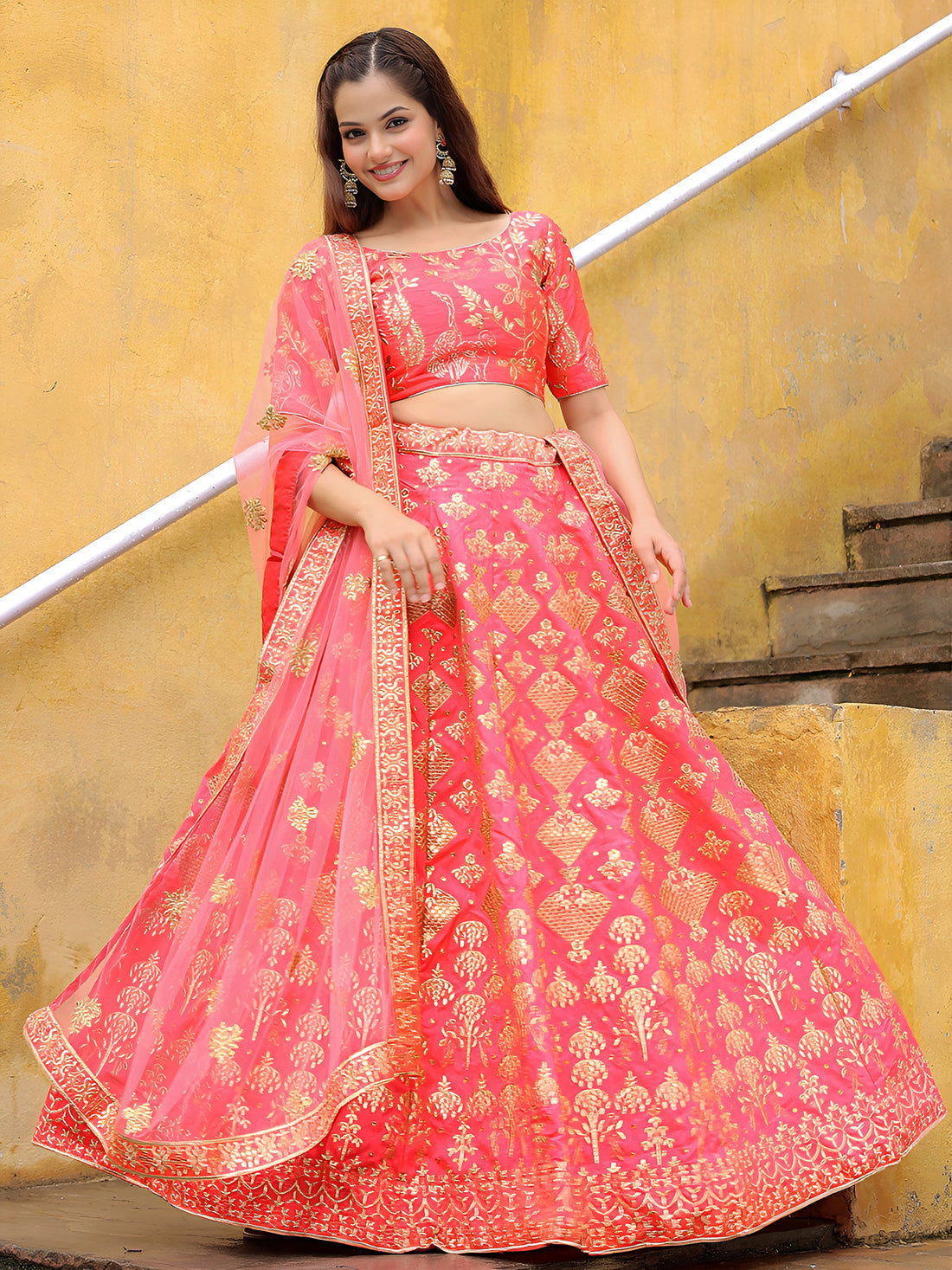 Peach Pink Gold Embroidered Bridal Lehenga Choli with Matching Dupatta