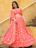 Peach Pink Gold Embroidered Bridal Lehenga Choli with Matching Dupatta