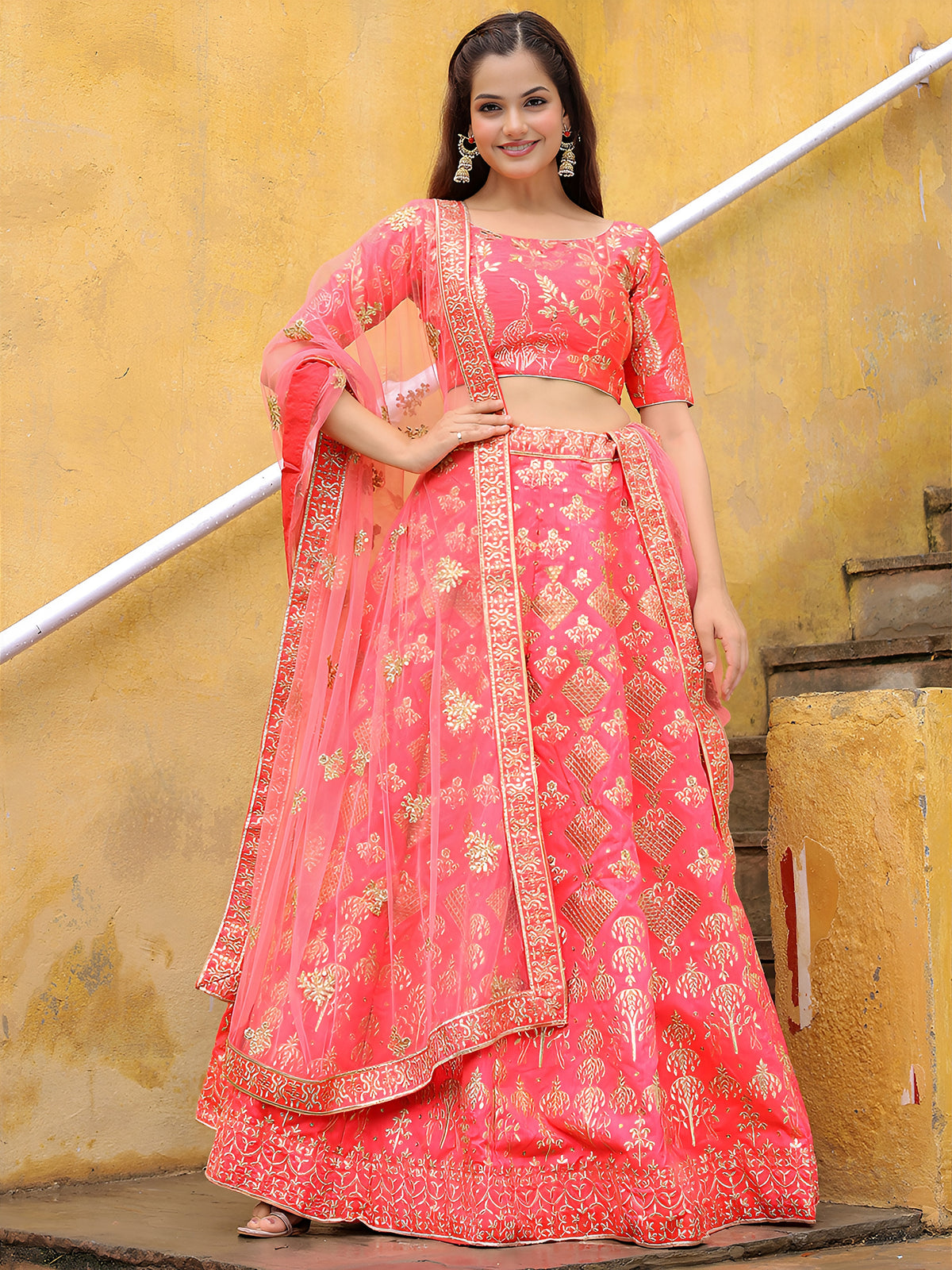 Peach Pink Gold Embroidered Bridal Lehenga Choli with Matching Dupatta