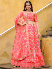 Peach Pink Gold Embroidered Bridal Lehenga Choli with Matching Dupatta