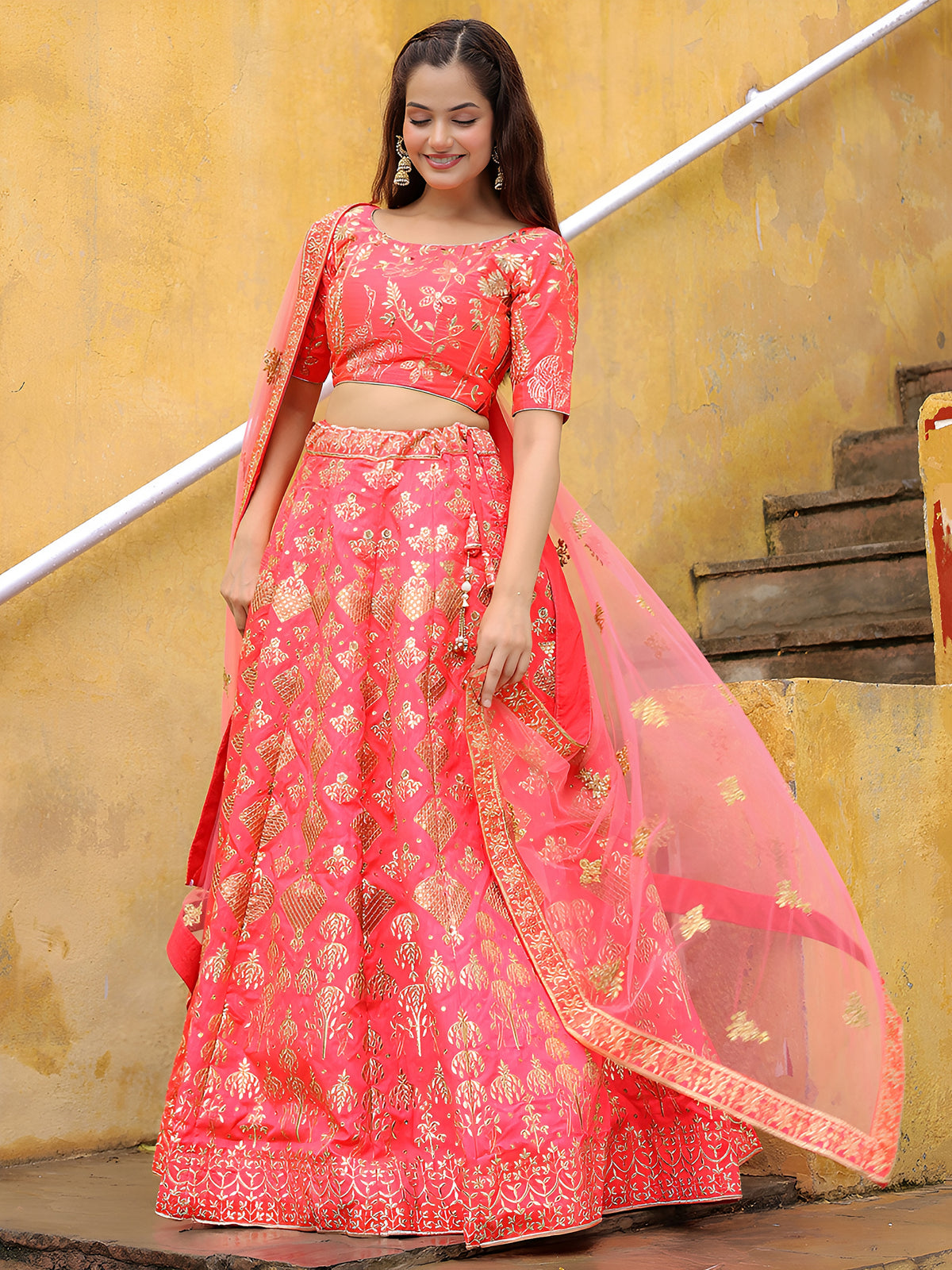 Peach Pink Gold Embroidered Bridal Lehenga Choli with Matching Dupatta