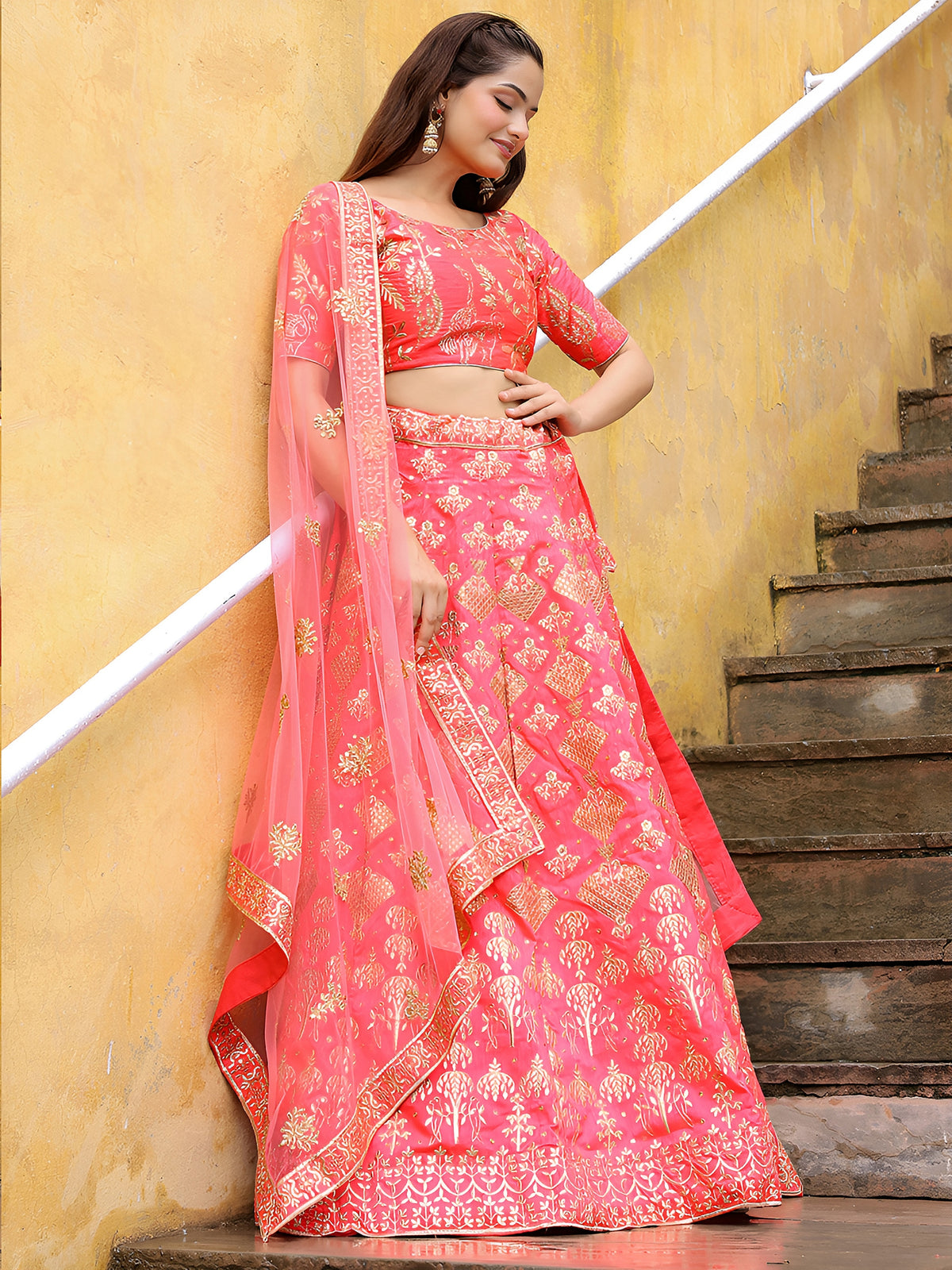 Peach Pink Gold Embroidered Bridal Lehenga Choli with Matching Dupatta