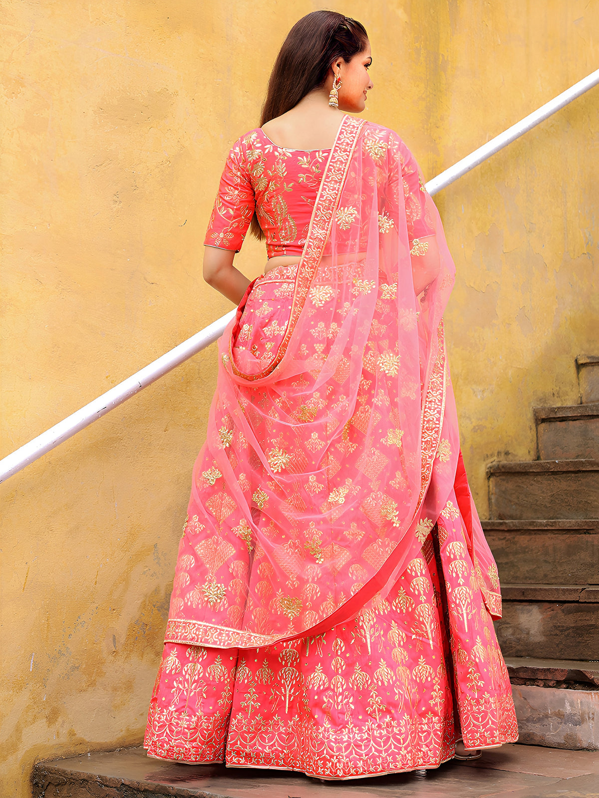 Peach Pink Gold Embroidered Bridal Lehenga Choli with Matching Dupatta