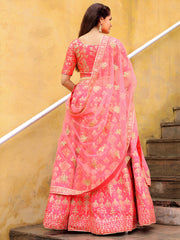 Peach Pink Gold Embroidered Bridal Lehenga Choli with Matching Dupatta