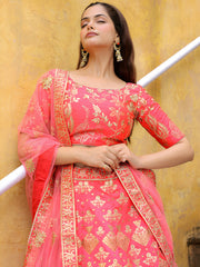 Peach Pink Gold Embroidered Bridal Lehenga Choli with Matching Dupatta