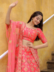 Peach Pink Gold Embroidered Bridal Lehenga Choli with Matching Dupatta