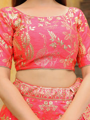 Peach Pink Gold Embroidered Bridal Lehenga Choli with Matching Dupatta