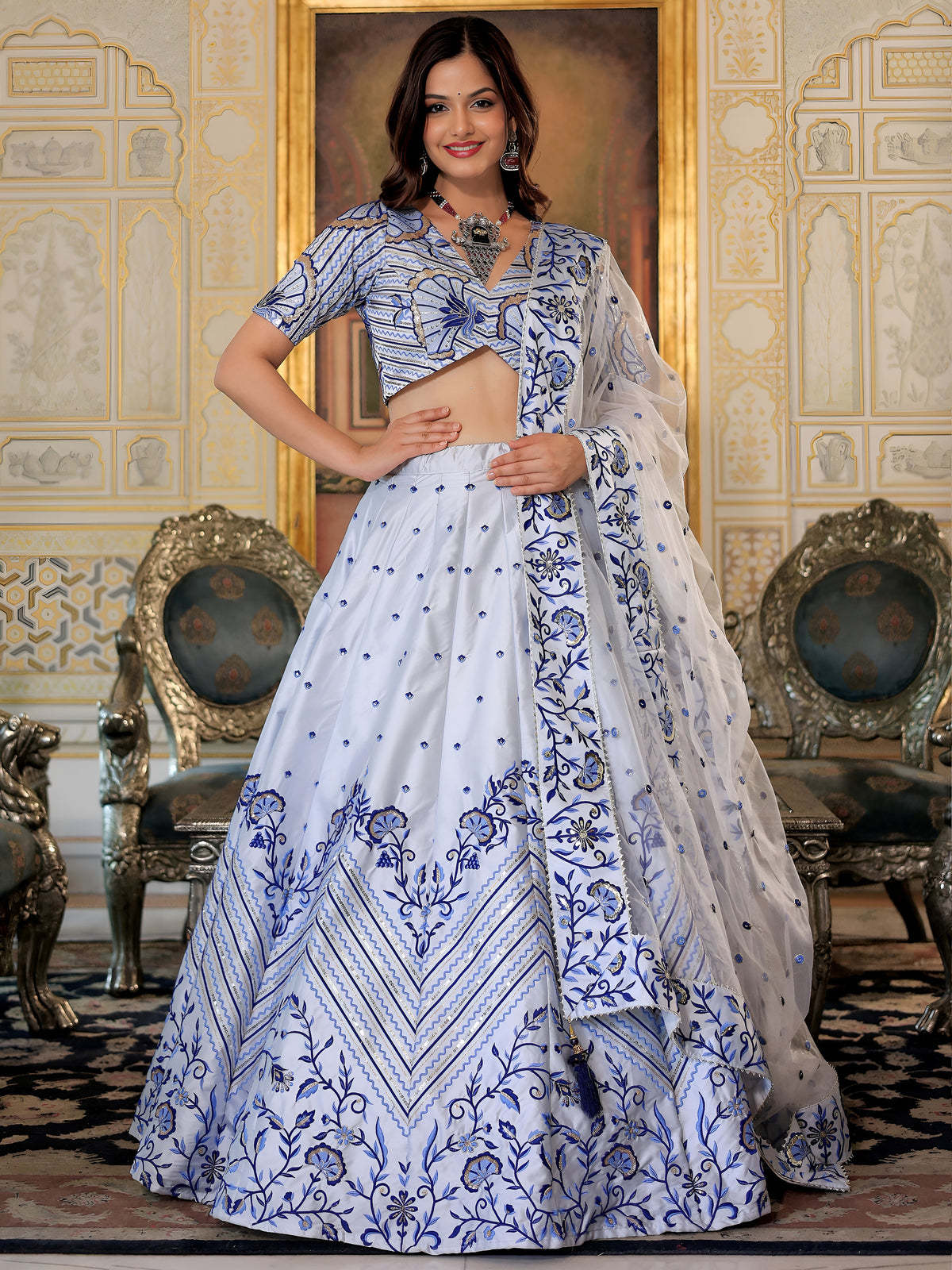 White and Blue Floral Embroidered Lehenga Choli with Designer Dupatta