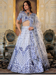 White and Blue Floral Embroidered Lehenga Choli with Designer Dupatta