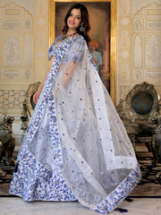 White and Blue Floral Embroidered Lehenga Choli with Designer Dupatta