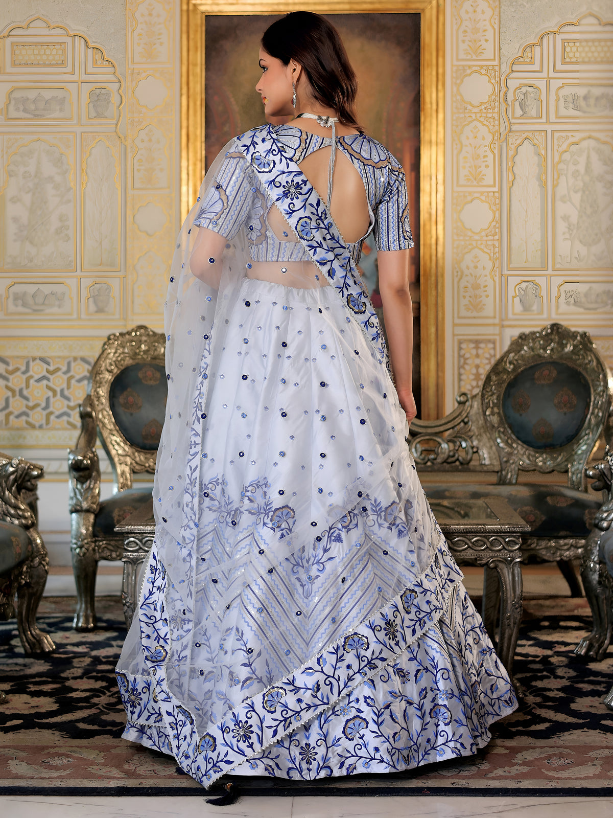 White and Blue Floral Embroidered Lehenga Choli with Designer Dupatta