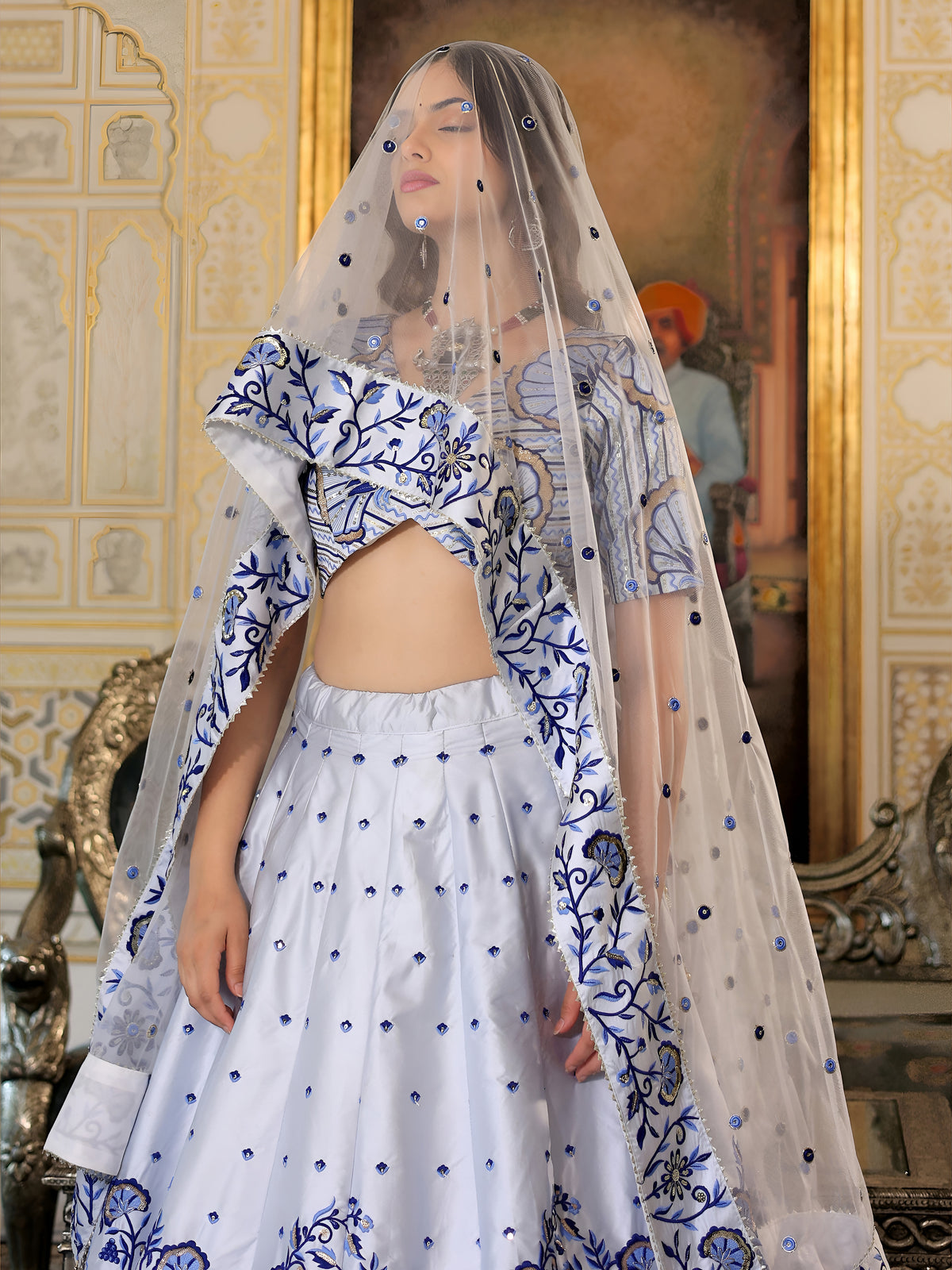 White and Blue Floral Embroidered Lehenga Choli with Designer Dupatta