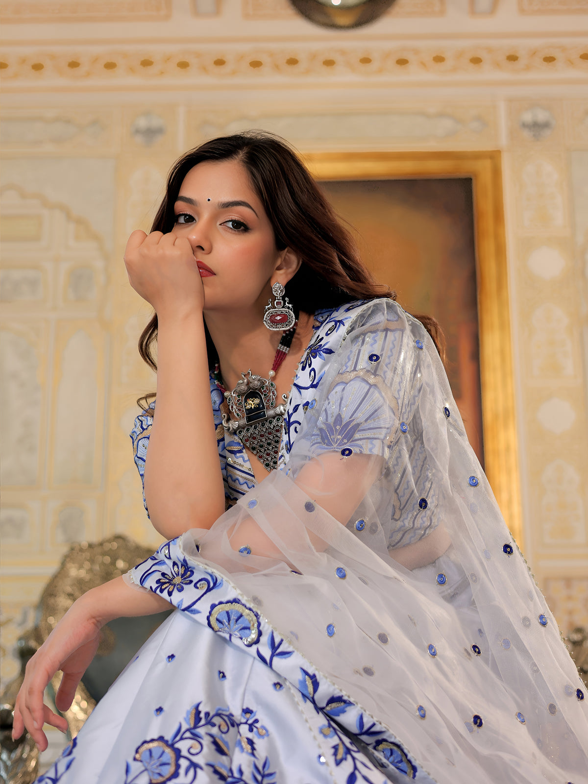 White and Blue Floral Embroidered Lehenga Choli with Designer Dupatta