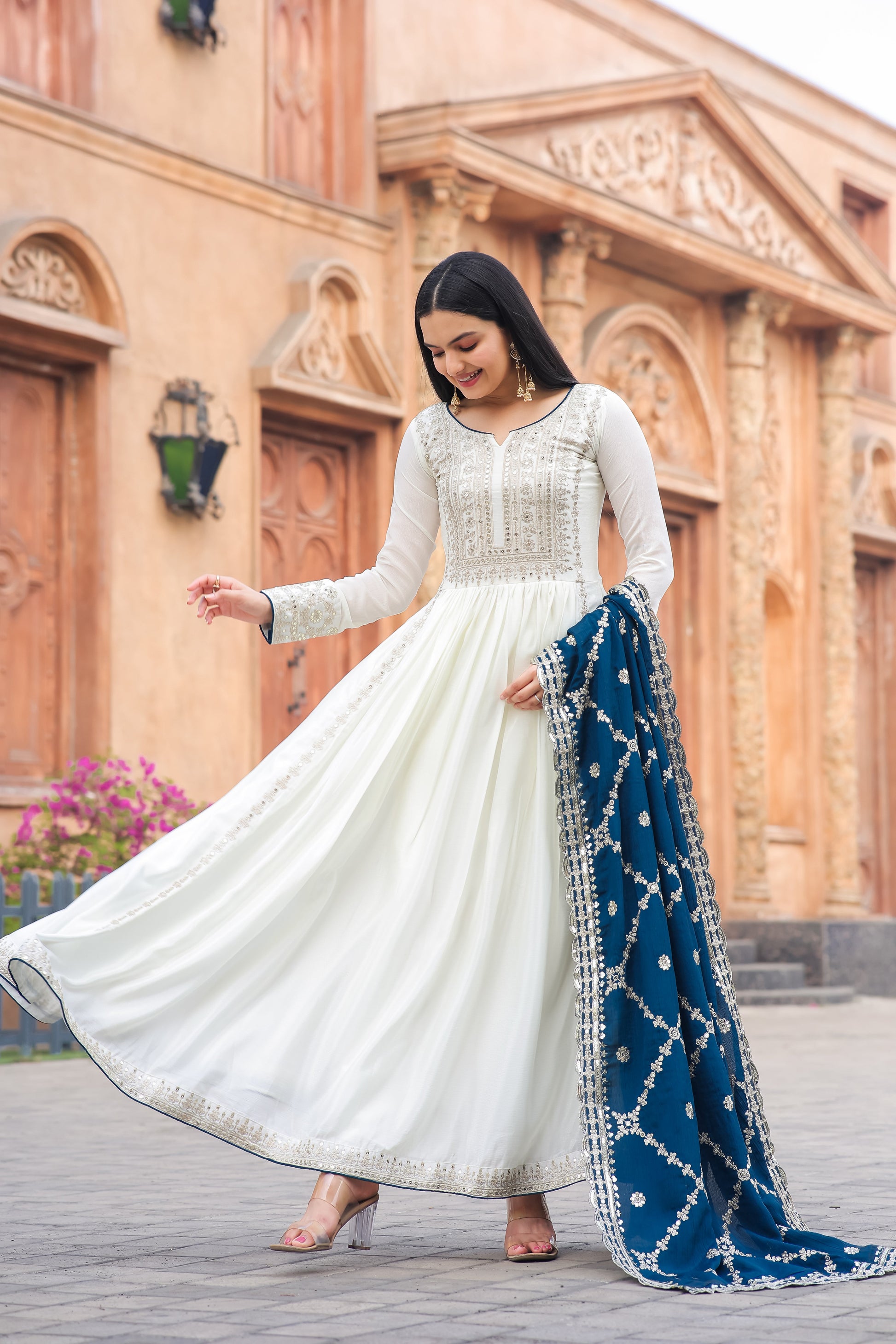 Magnificent Pure Chinon Silk Sequins Embroidered Anarkali Pant Suit - Ethnicwish