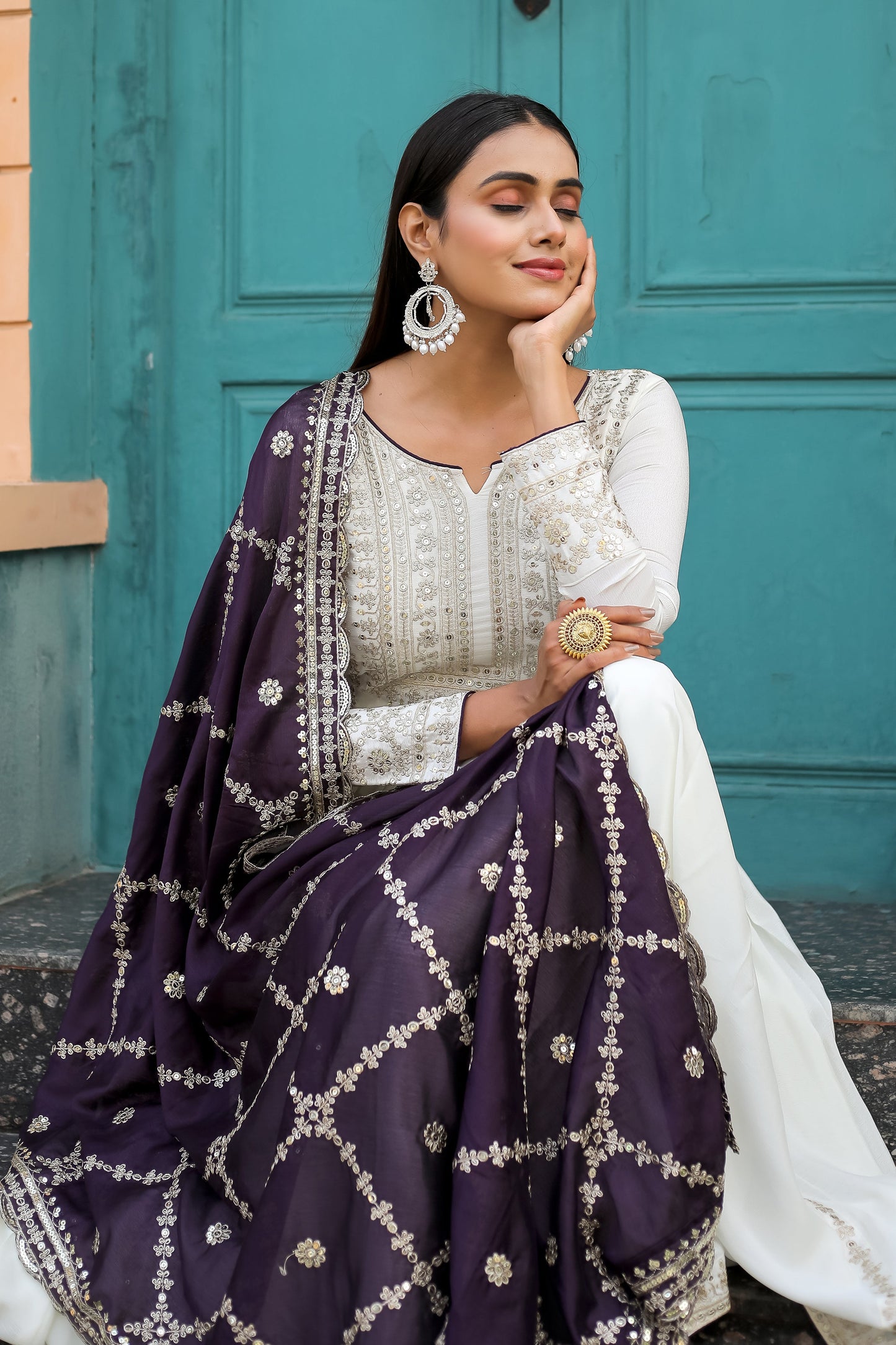 Magnificent Pure Chinon Silk Sequins Embroidered Anarkali Pant Suit - Ethnicwish