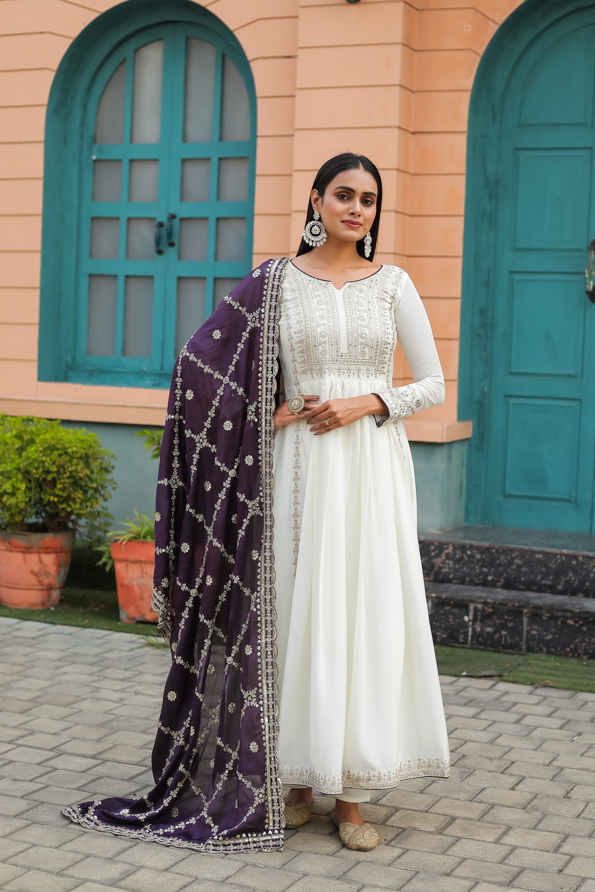 Magnificent Pure Chinon Silk Sequins Embroidered Anarkali Pant Suit - Ethnicwish