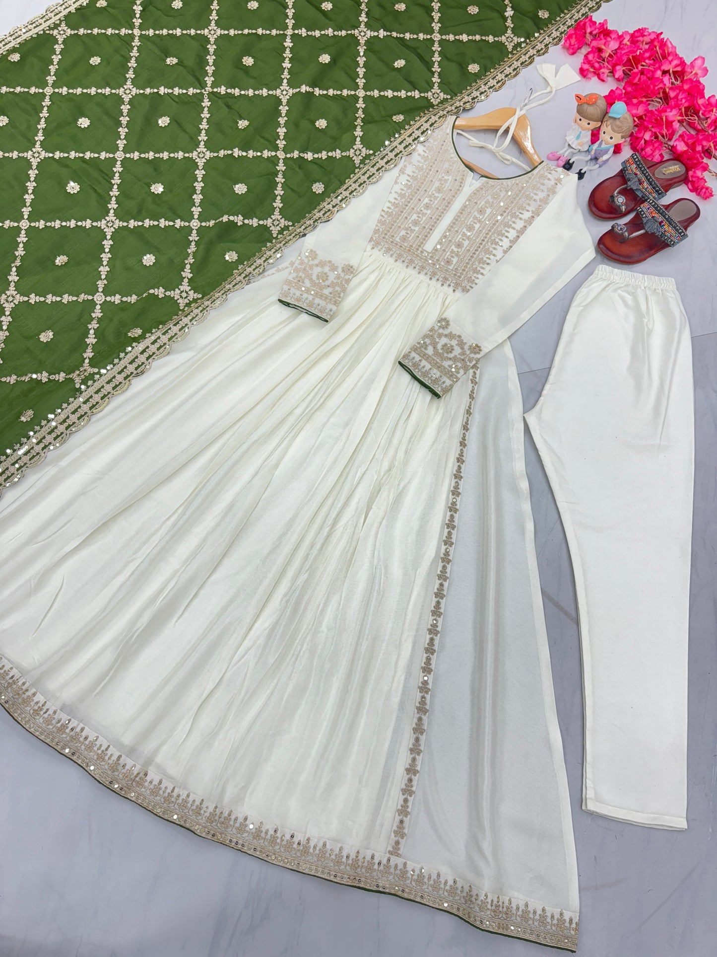 Magnificent Pure Chinon Silk Sequins Embroidered Anarkali Pant Suit - Ethnicwish
