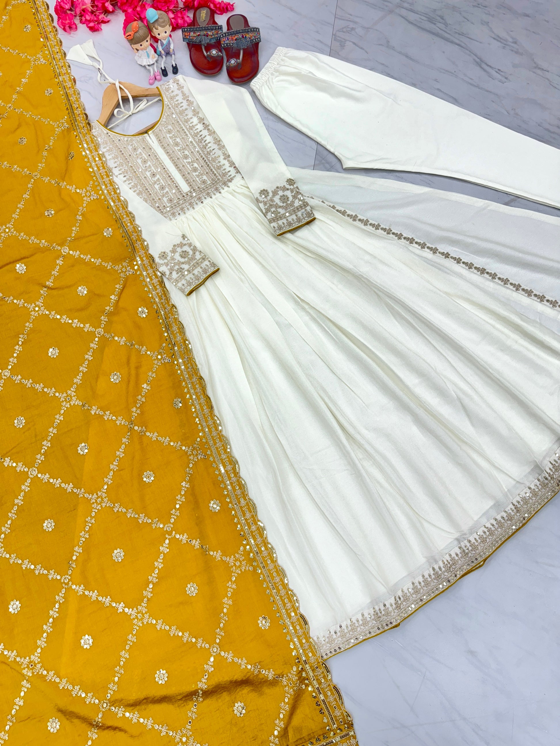 Magnificent Pure Chinon Silk Sequins Embroidered Anarkali Pant Suit - Ethnicwish