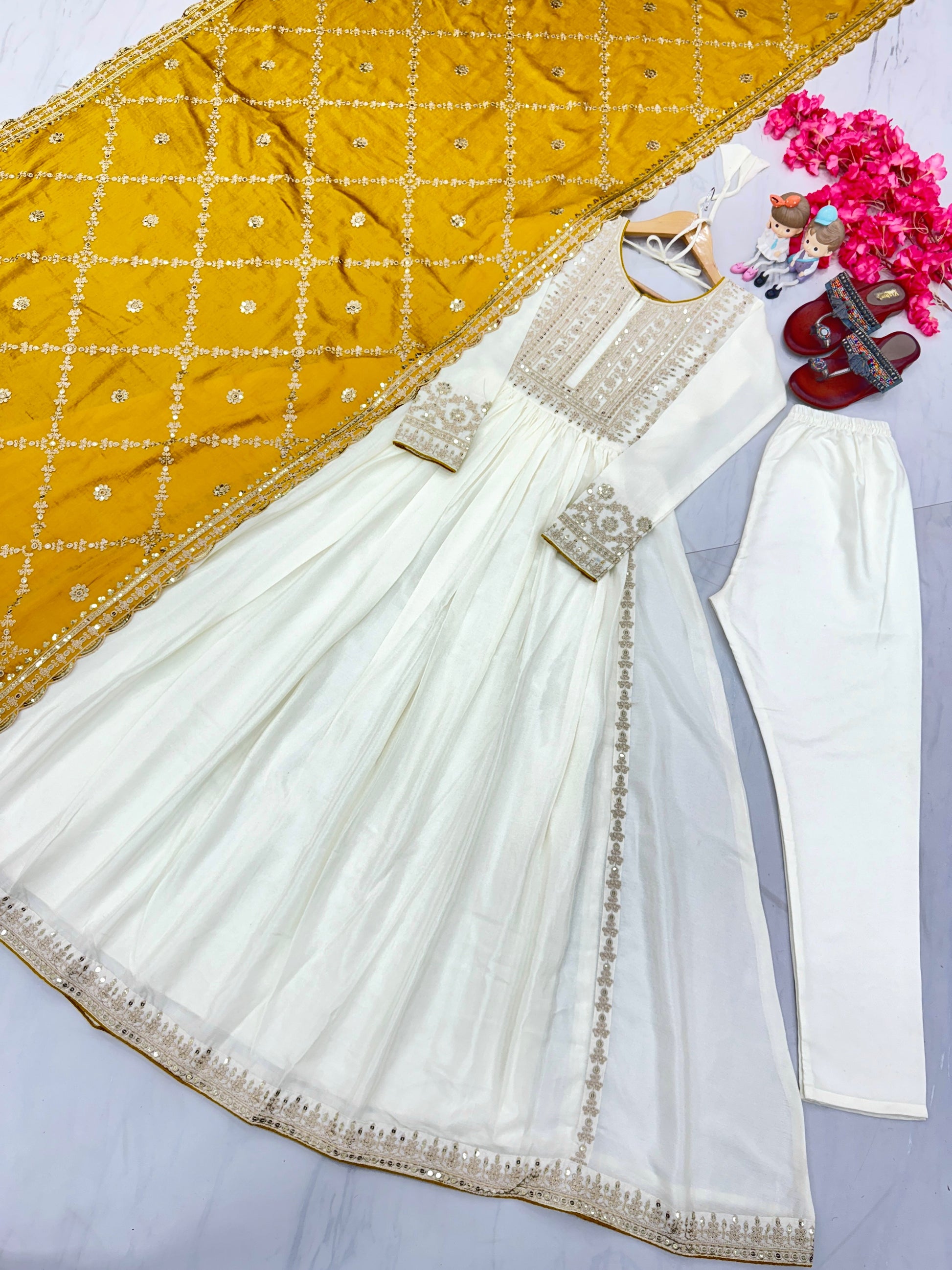 Magnificent Pure Chinon Silk Sequins Embroidered Anarkali Pant Suit - Ethnicwish