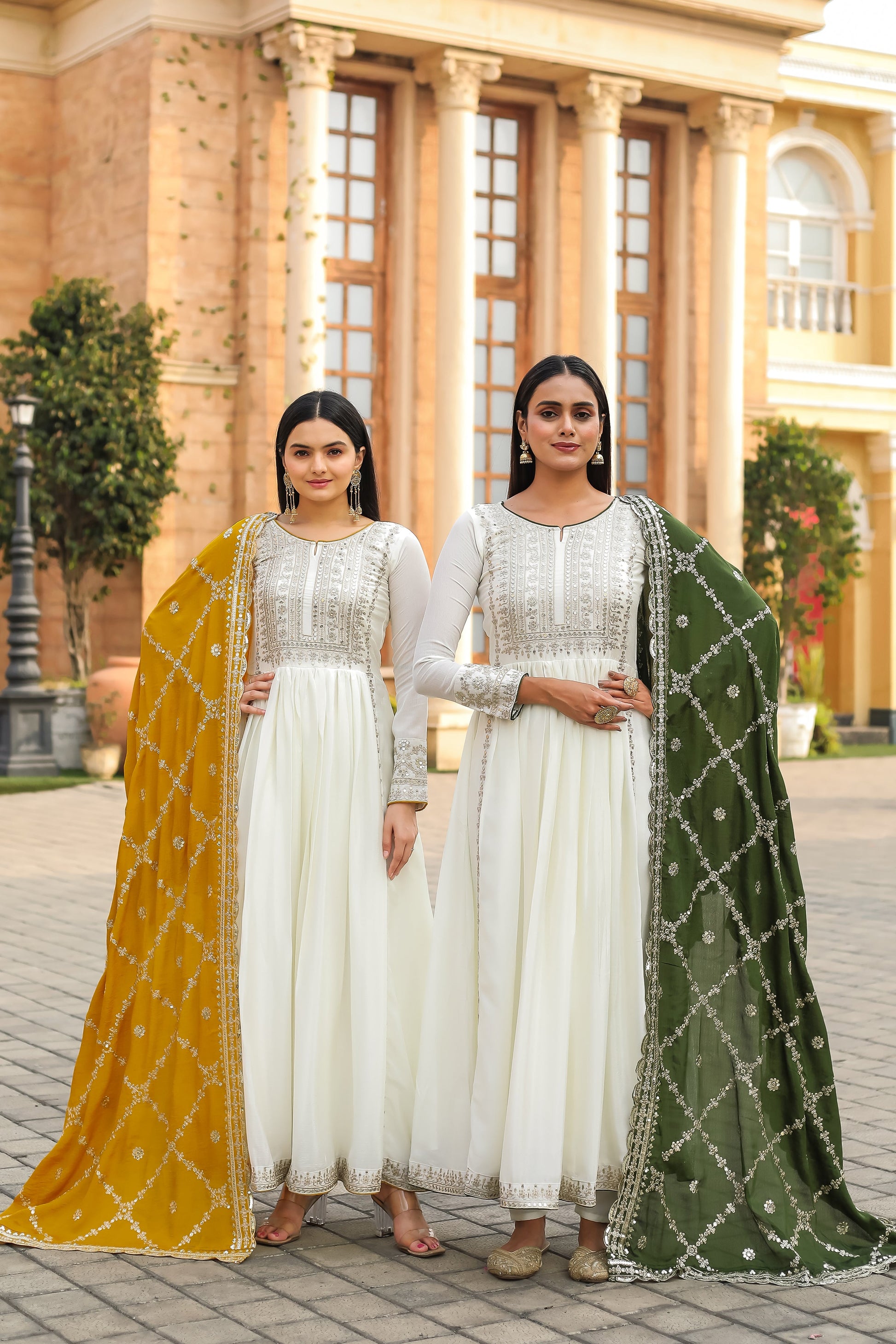 Magnificent Pure Chinon Silk Sequins Embroidered Anarkali Pant Suit - Ethnicwish