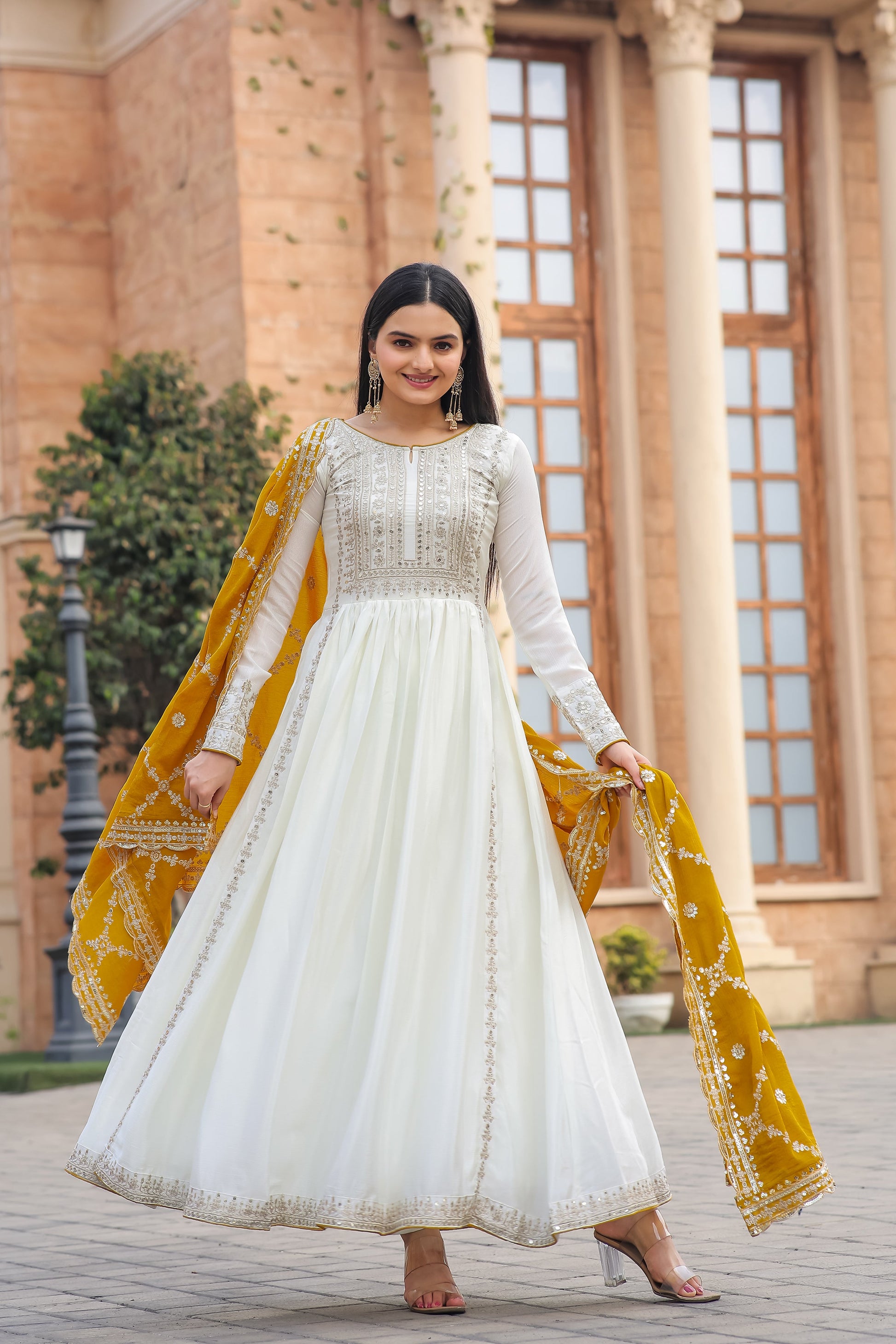 Magnificent Pure Chinon Silk Sequins Embroidered Anarkali Pant Suit - Ethnicwish