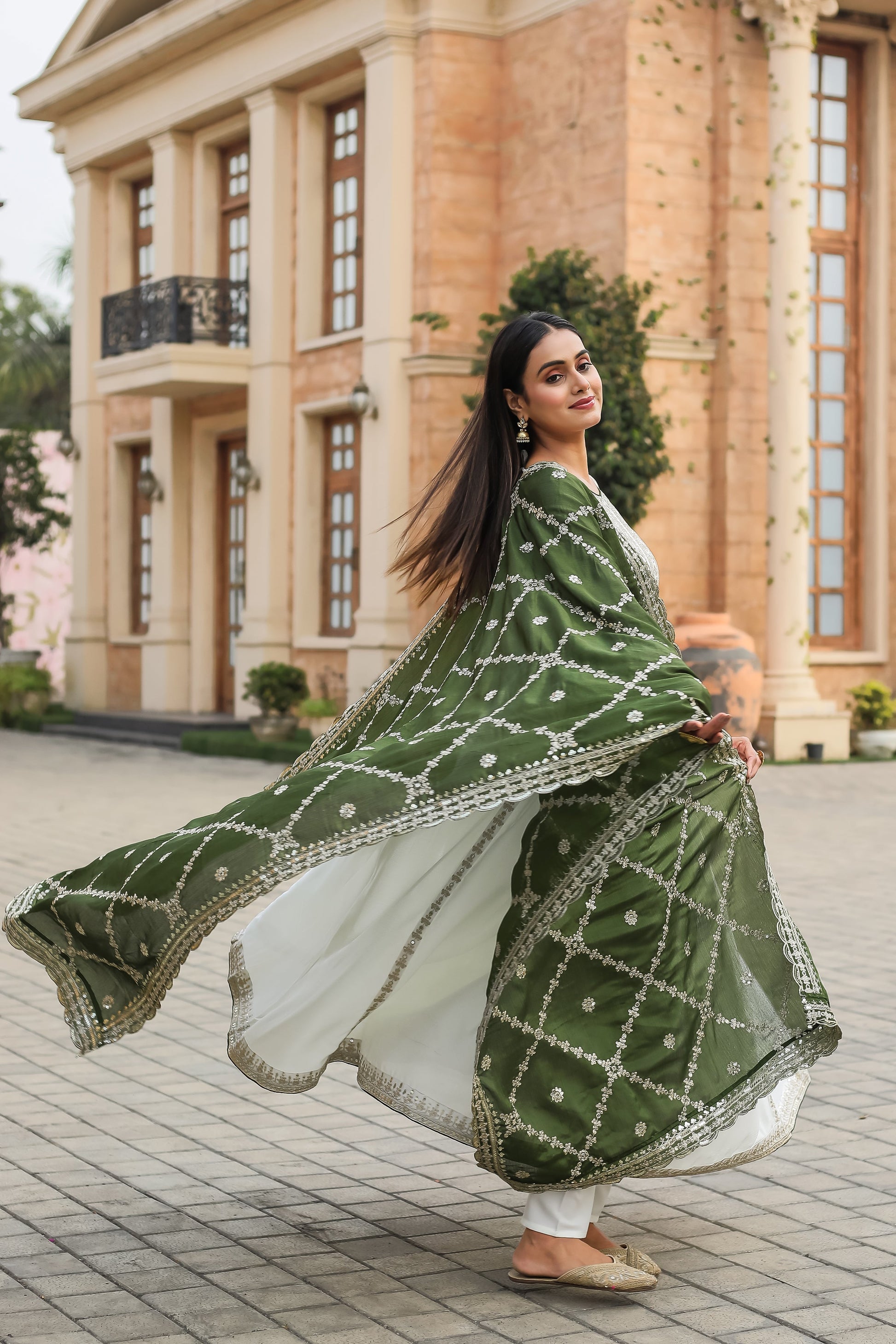 Magnificent Pure Chinon Silk Sequins Embroidered Anarkali Pant Suit - Ethnicwish