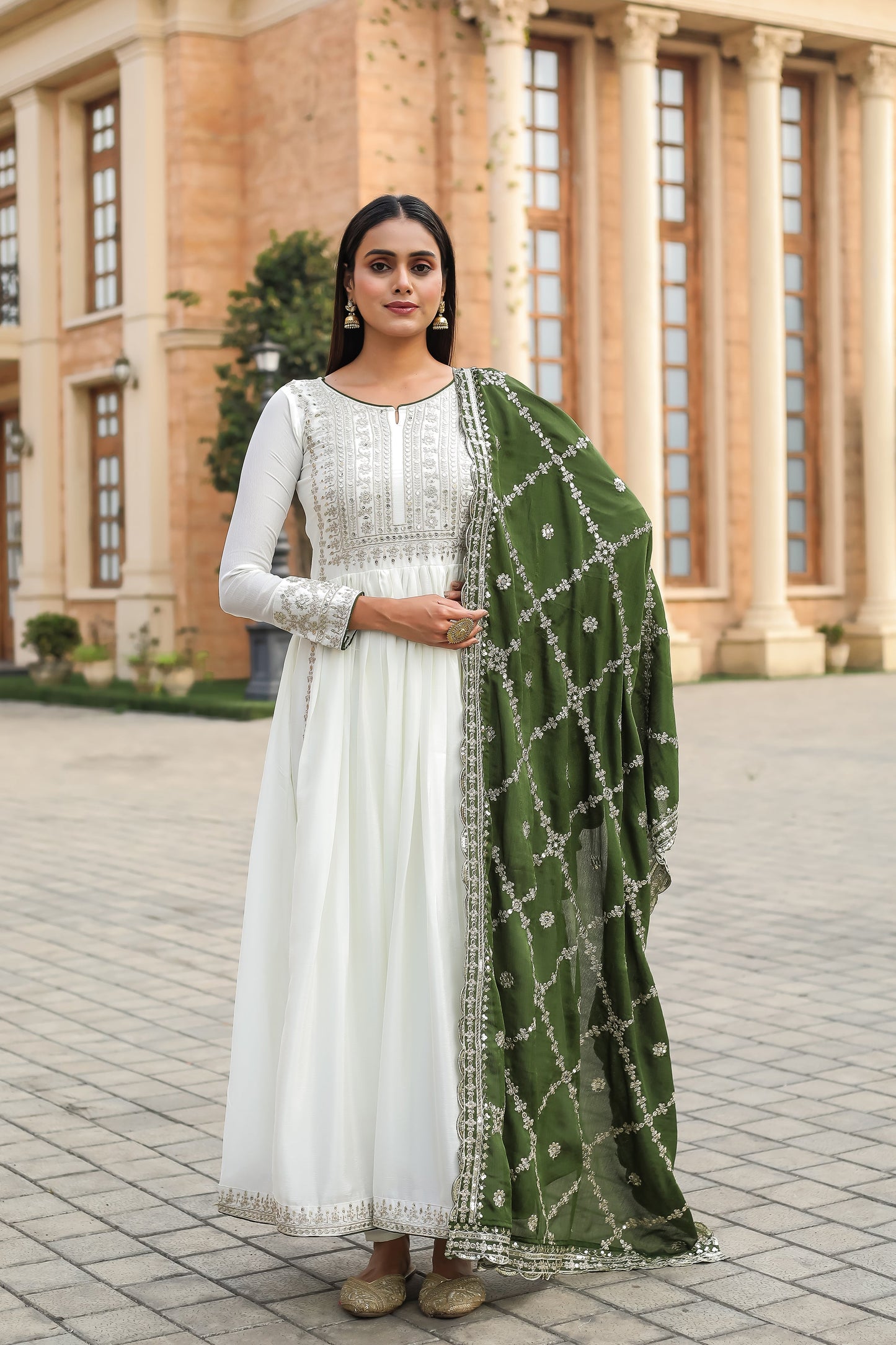 Magnificent Pure Chinon Silk Sequins Embroidered Anarkali Pant Suit - Ethnicwish