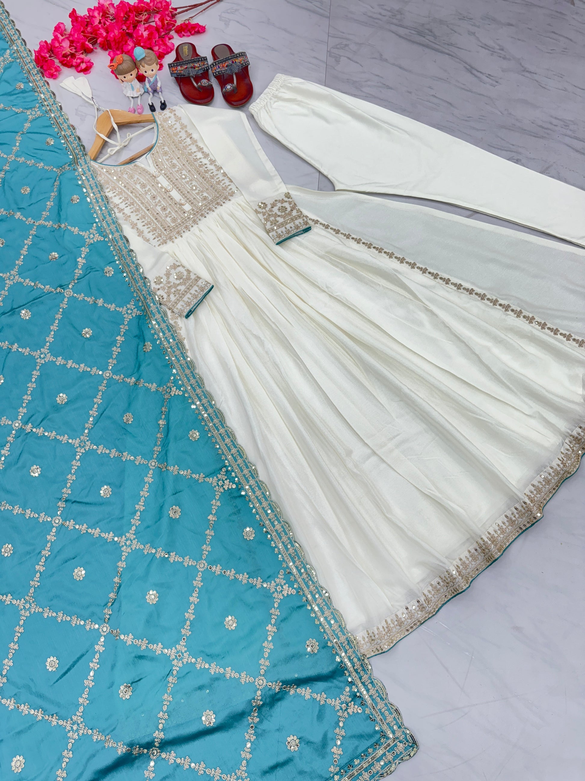 Magnificent Pure Chinon Silk Sequins Embroidered Anarkali Pant Suit - Ethnicwish