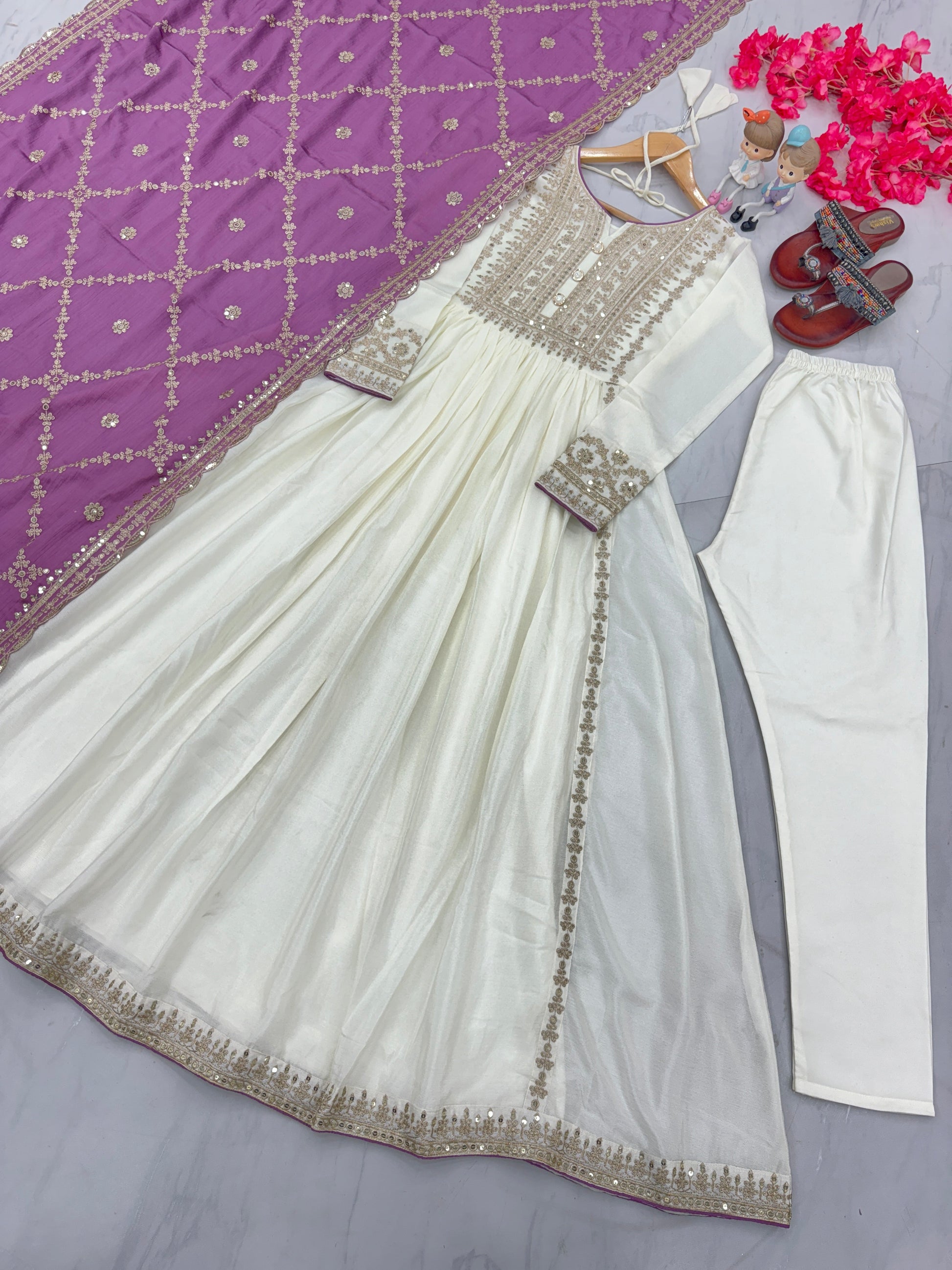 Magnificent Pure Chinon Silk Sequins Embroidered Anarkali Pant Suit - Ethnicwish