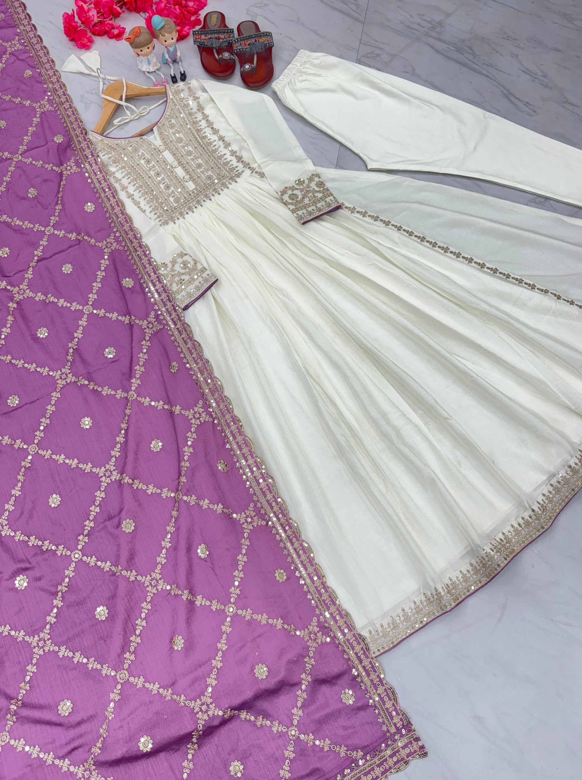 Magnificent Pure Chinon Silk Sequins Embroidered Anarkali Pant Suit - Ethnicwish