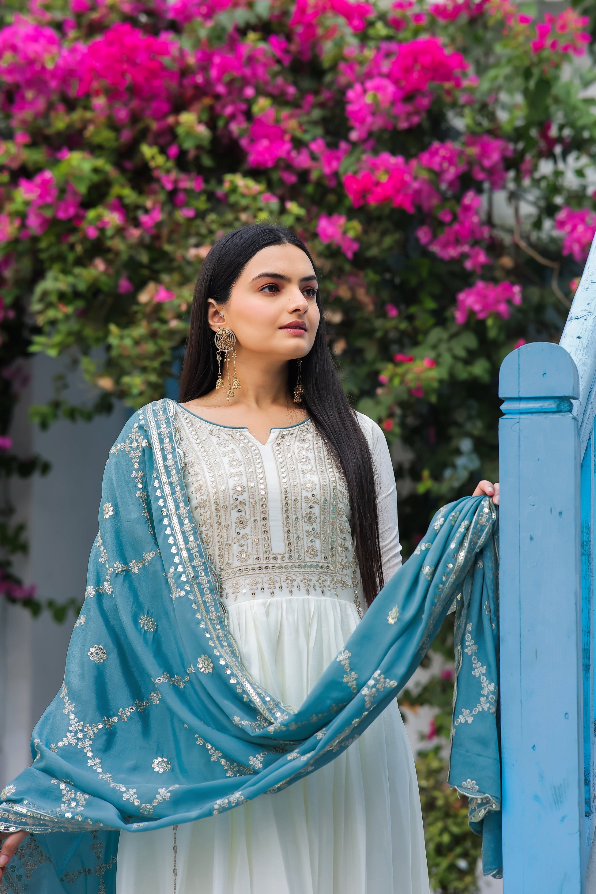 Magnificent Pure Chinon Silk Sequins Embroidered Anarkali Pant Suit - Ethnicwish