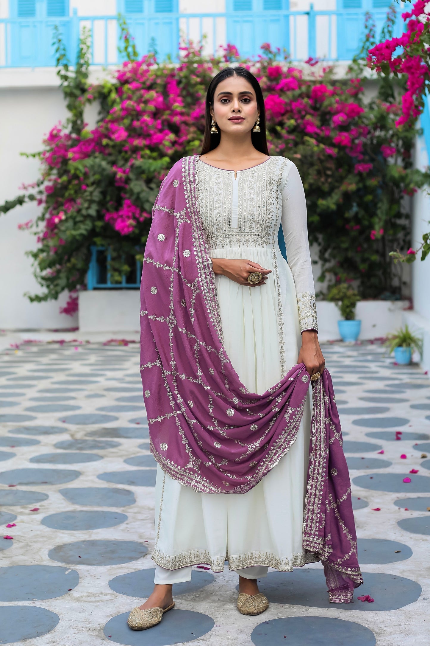 Magnificent Pure Chinon Silk Sequins Embroidered Anarkali Pant Suit - Ethnicwish
