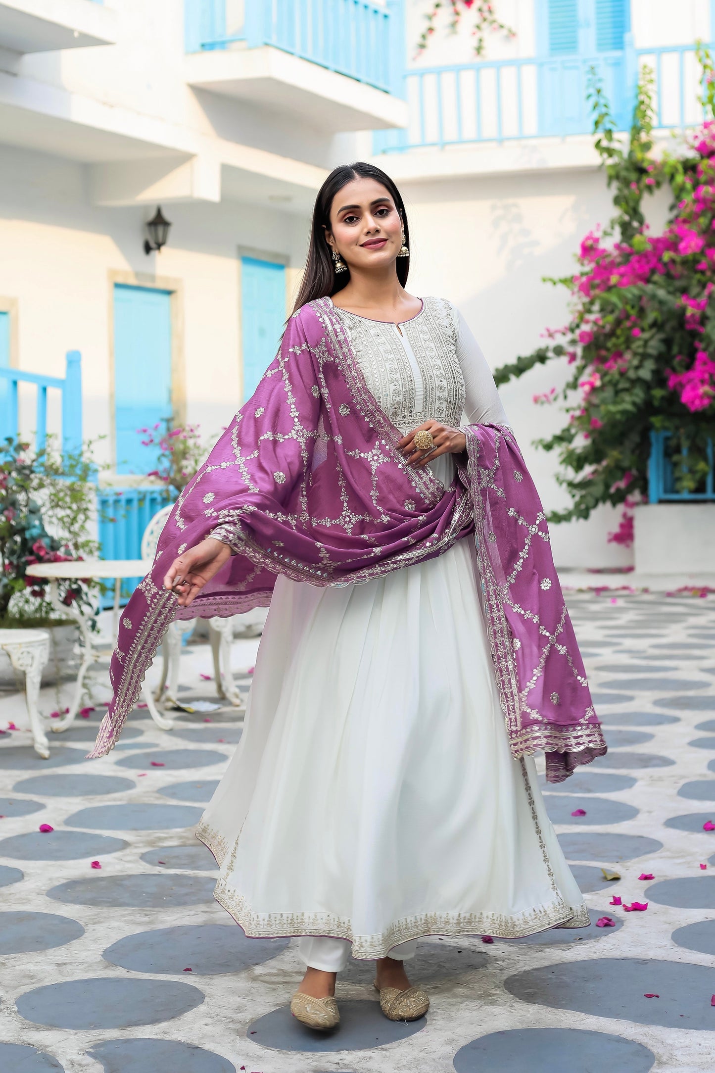 Magnificent Pure Chinon Silk Sequins Embroidered Anarkali Pant Suit - Ethnicwish