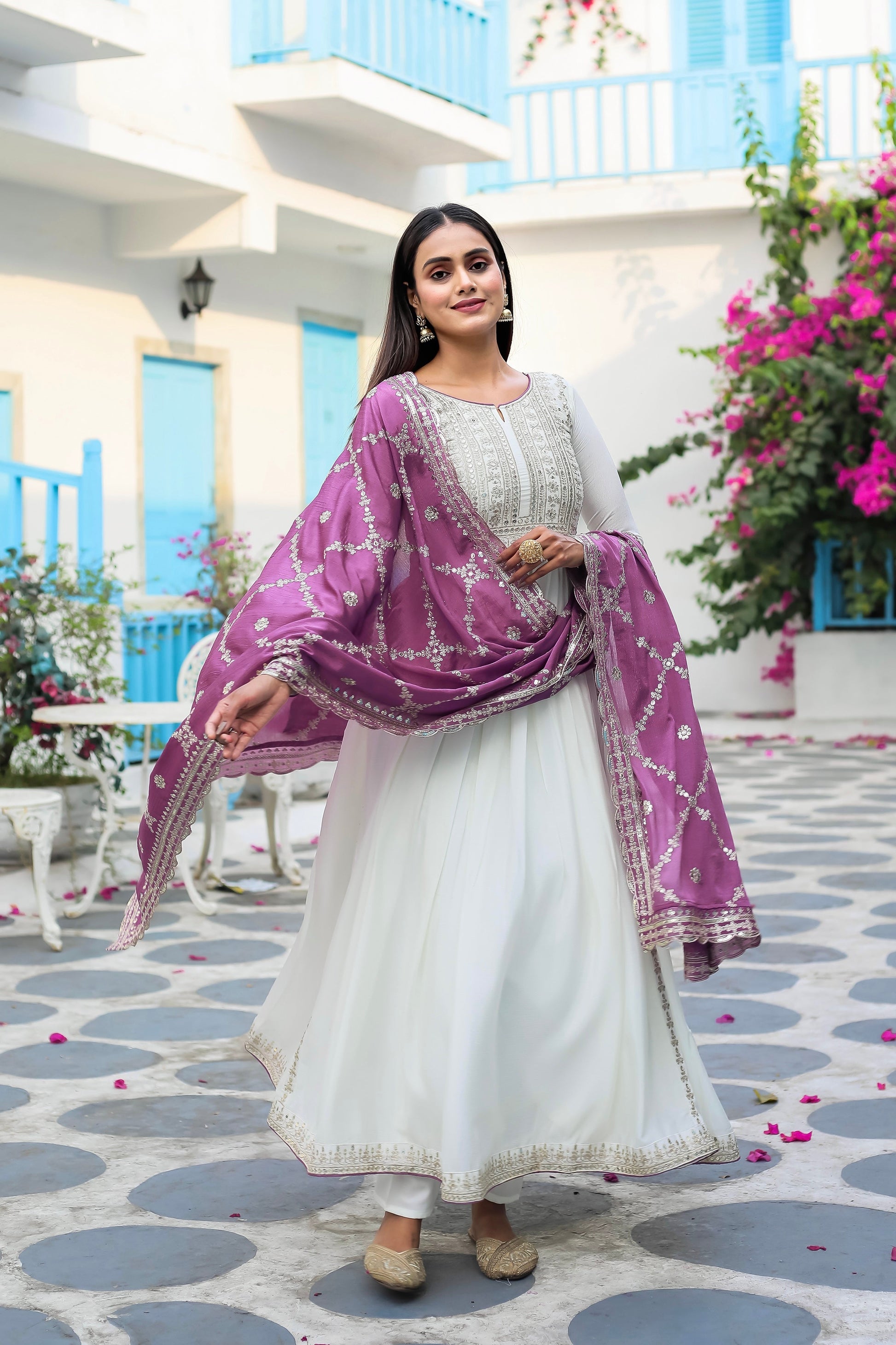 Magnificent Pure Chinon Silk Sequins Embroidered Anarkali Pant Suit - Ethnicwish