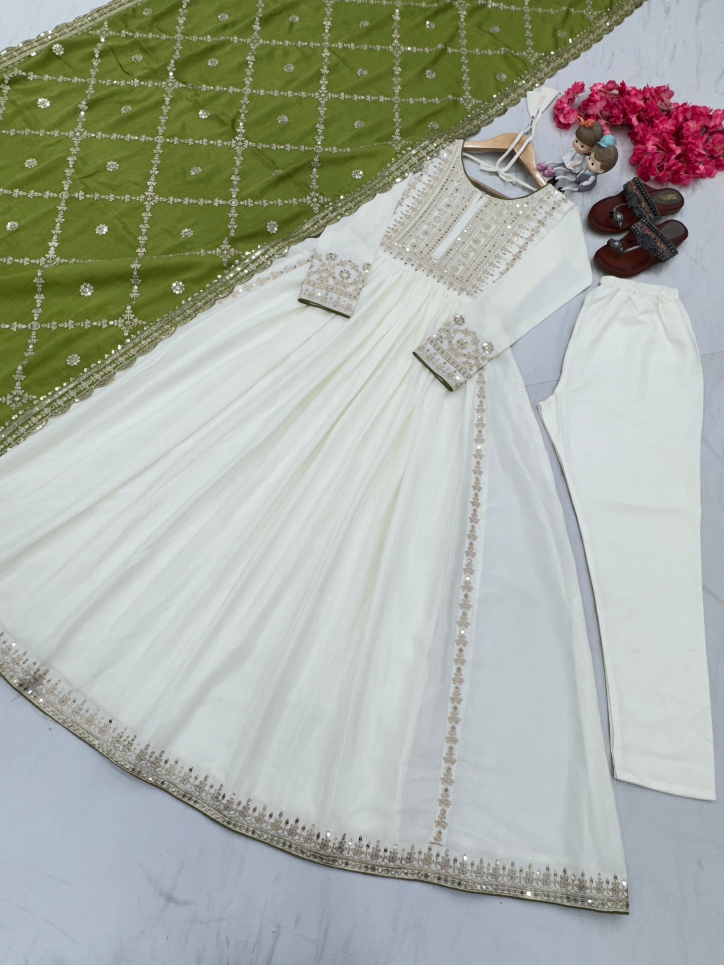 Magnificent Pure Chinon Silk Sequins Embroidered Anarkali Pant Suit - Ethnicwish