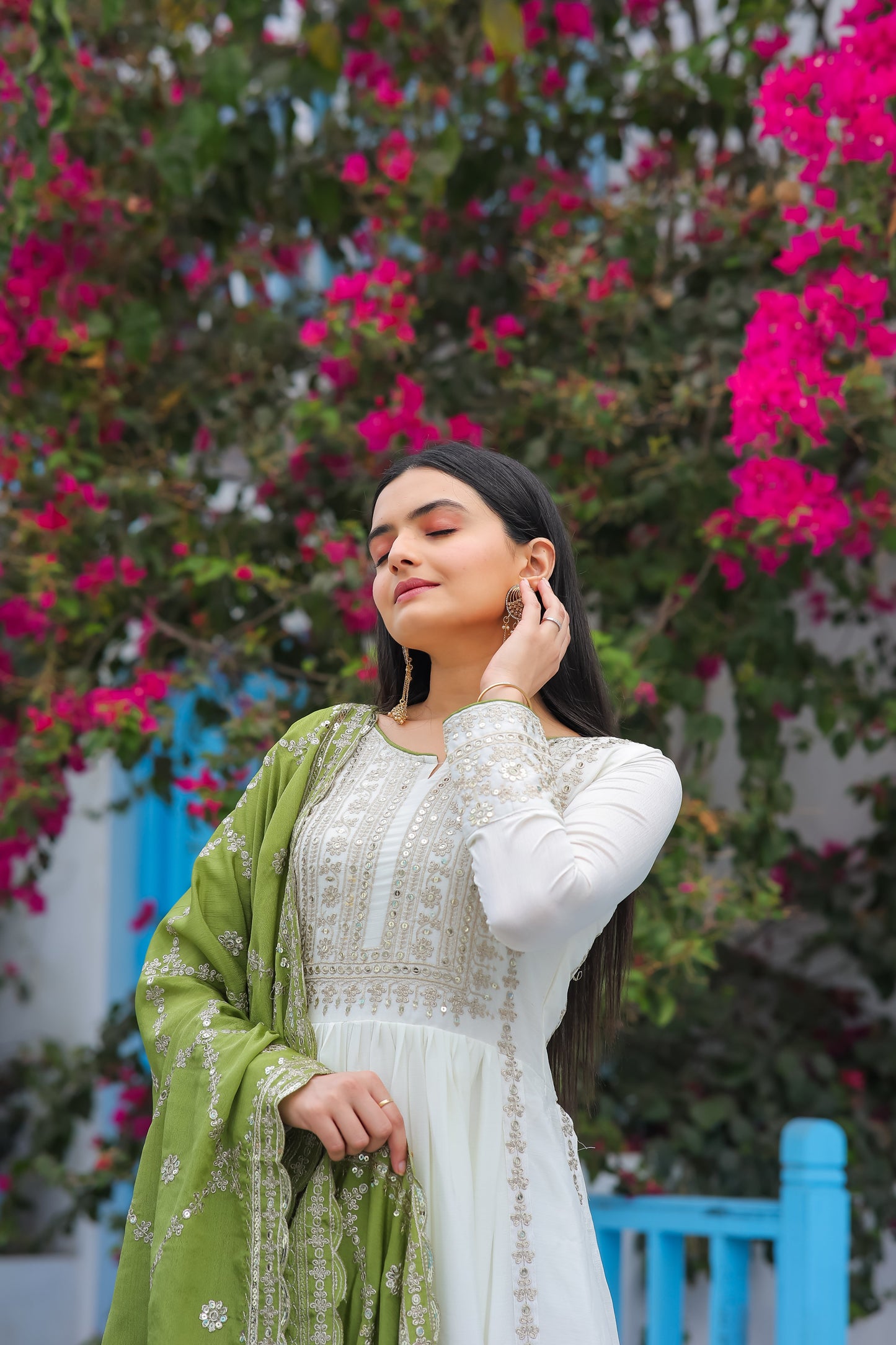Magnificent Pure Chinon Silk Sequins Embroidered Anarkali Pant Suit - Ethnicwish