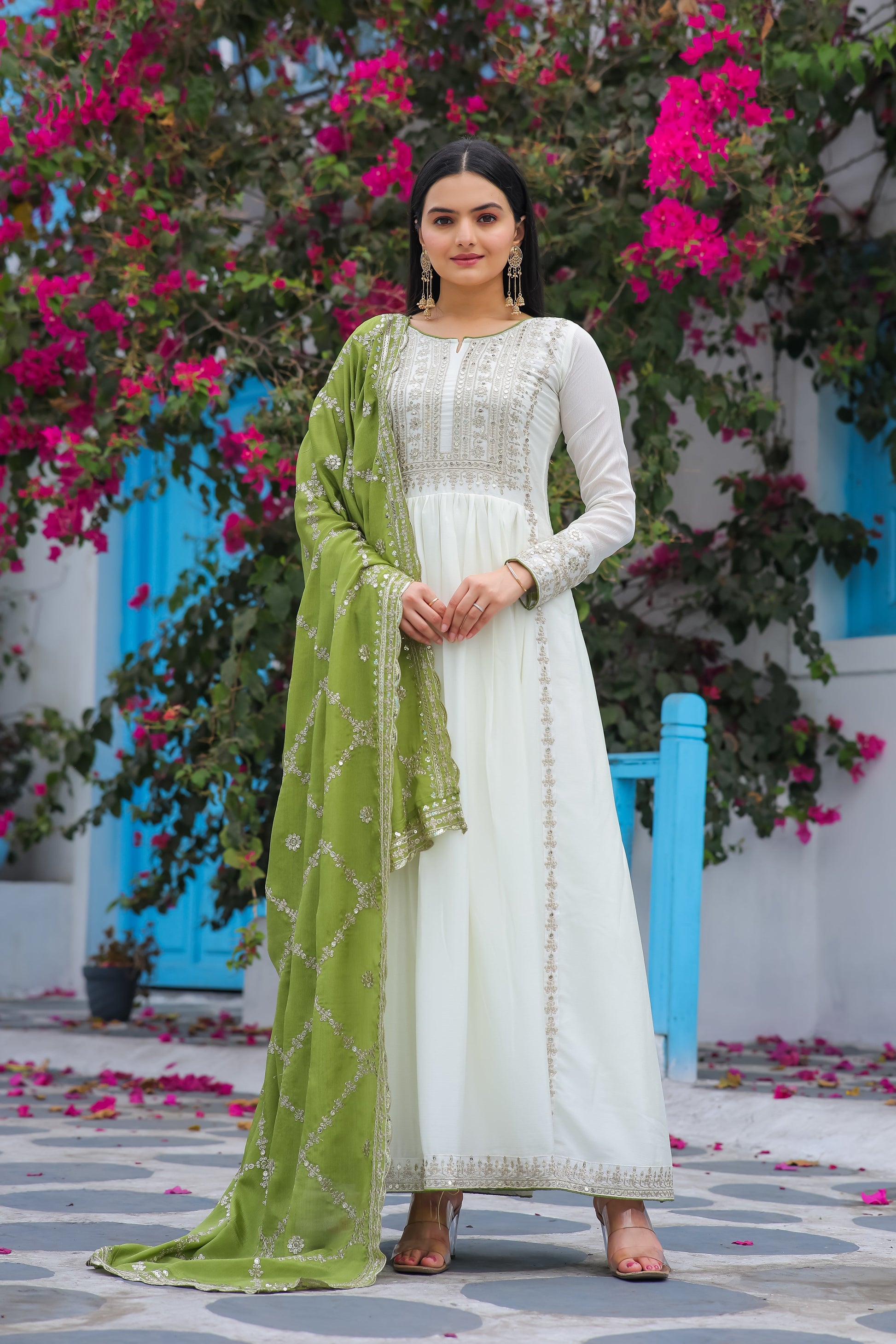 Magnificent Pure Chinon Silk Sequins Embroidered Anarkali Pant Suit - Ethnicwish